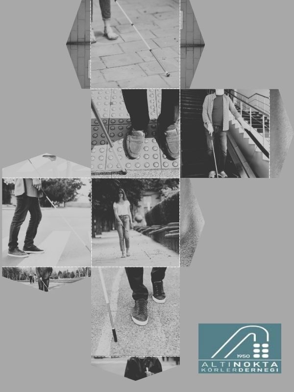 Resimde bastonları ile yolda yürüyen insanlar var.